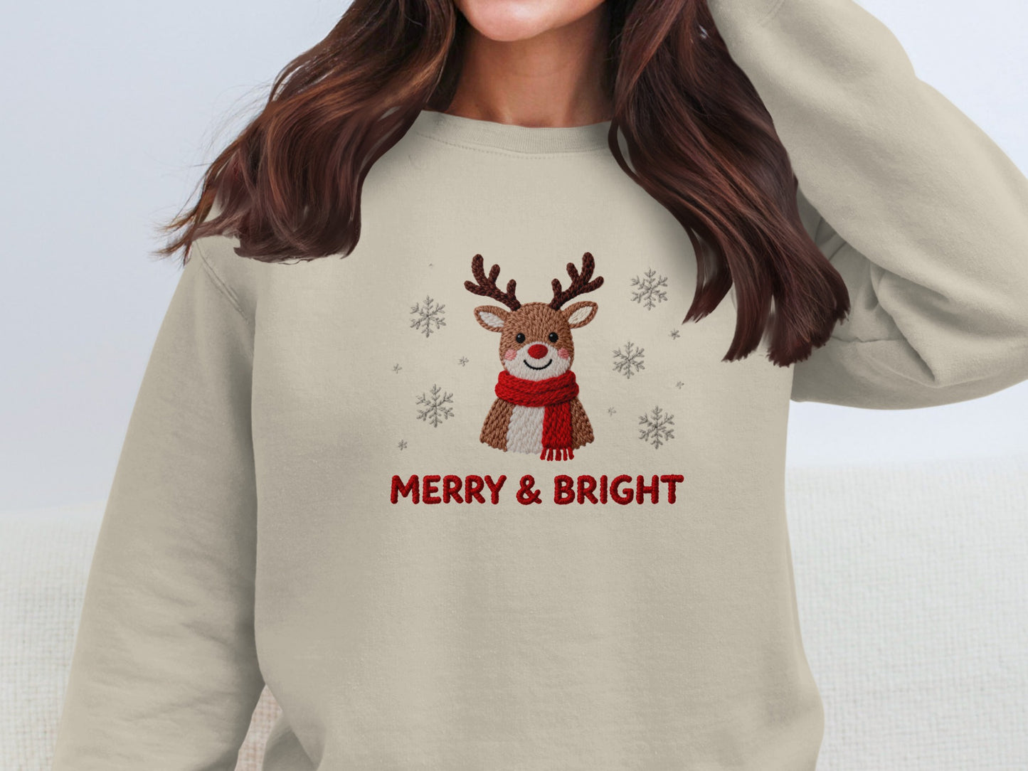 Merry Bright Cute Reindeer with Scarf Sweatshirt
