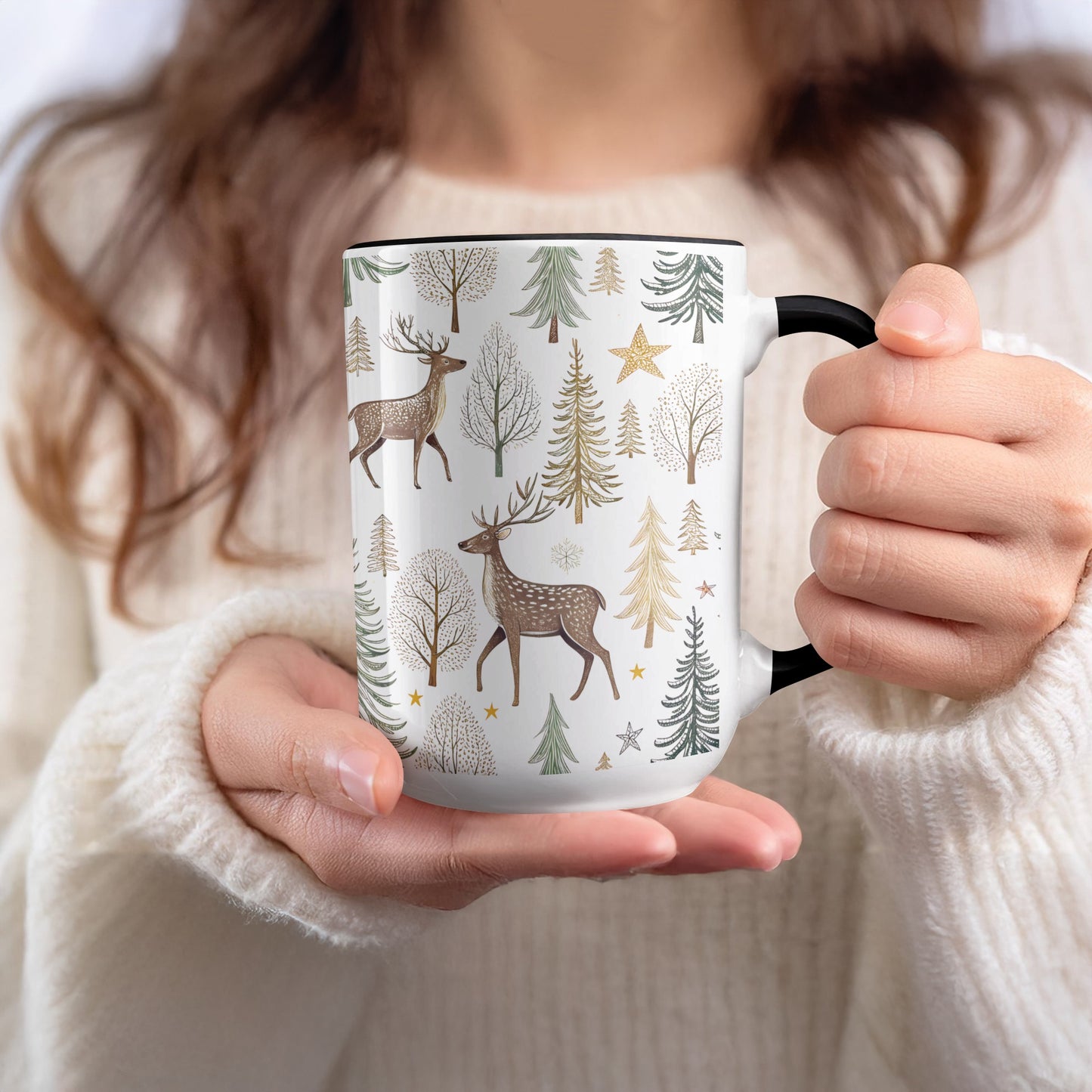Winter Forest Deer Mug Christmas Tree Design