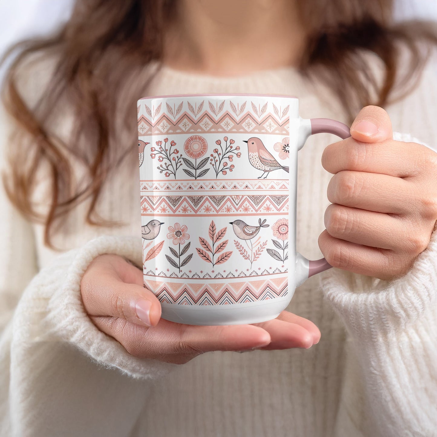 Ornate Bird and Floral Design Ceramic Mug Cup