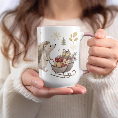 Cute Hedgehog Christmas Mug with Gifts Illustration