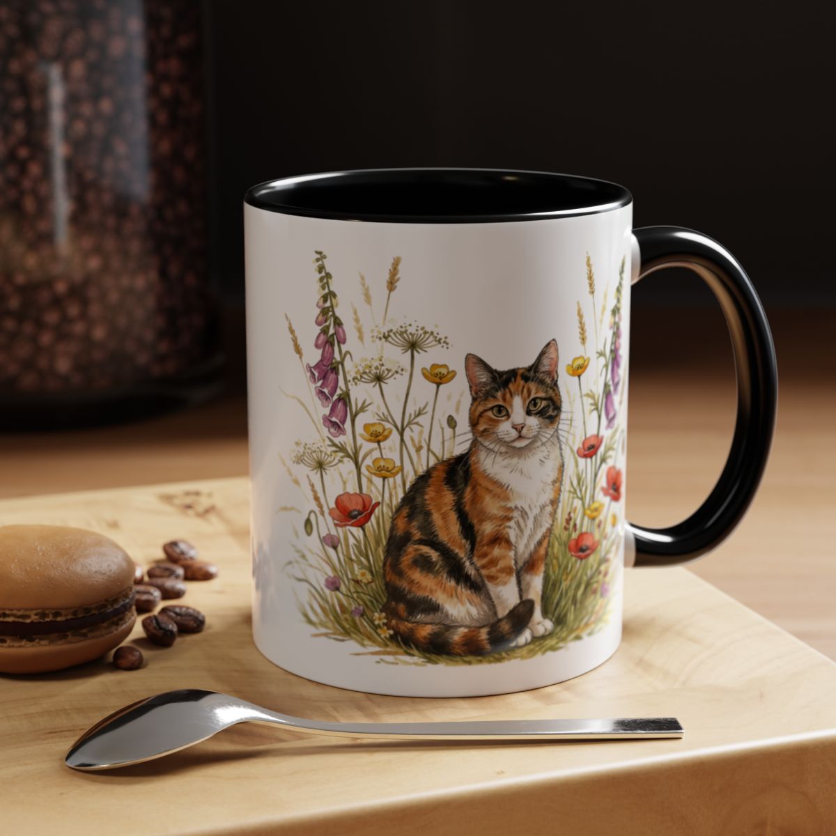 Ceramic cup with cute cat and floral design