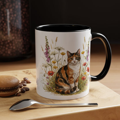 Ceramic cup with cute cat and floral design
