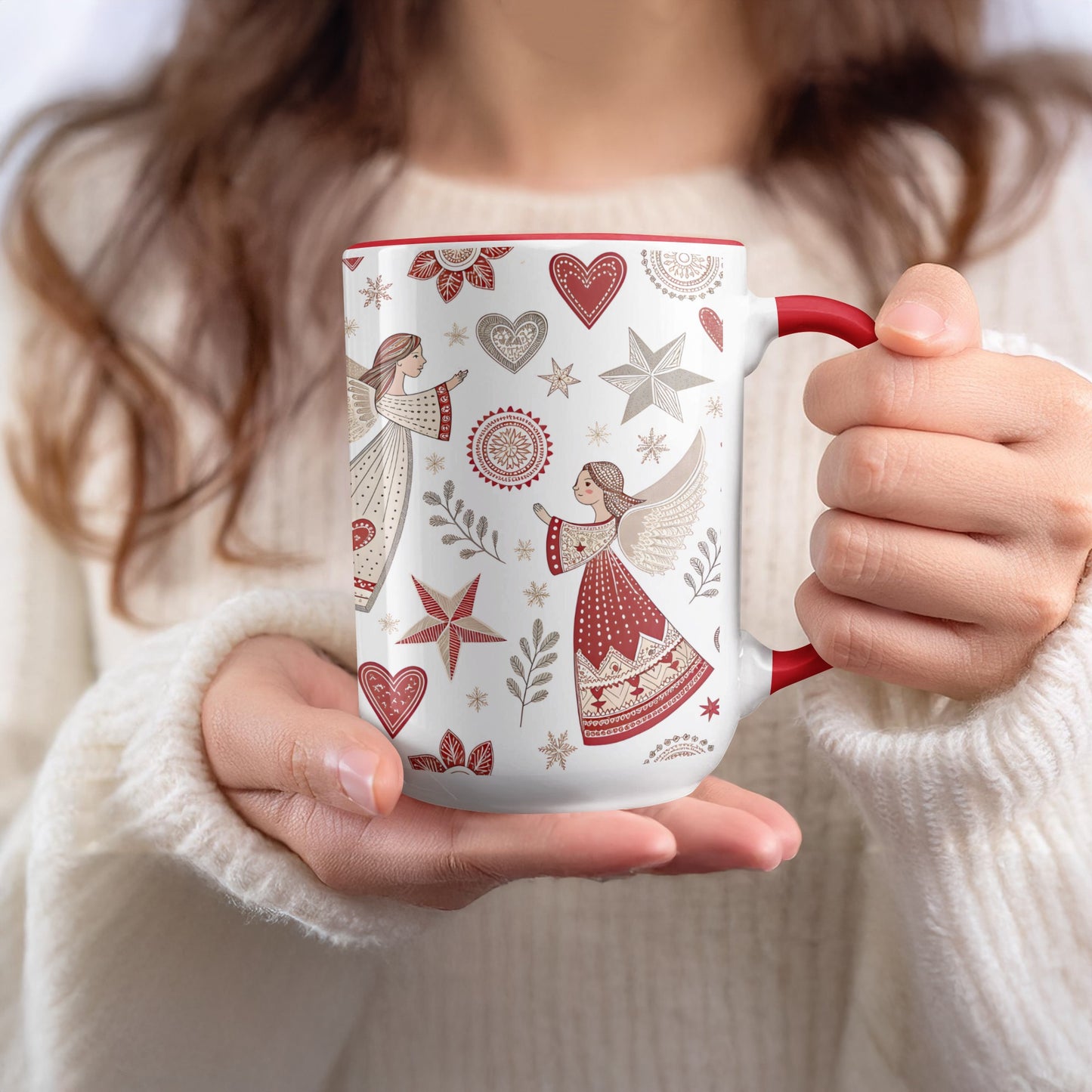 Christmas Themed Mug with Angel and Heart Designs