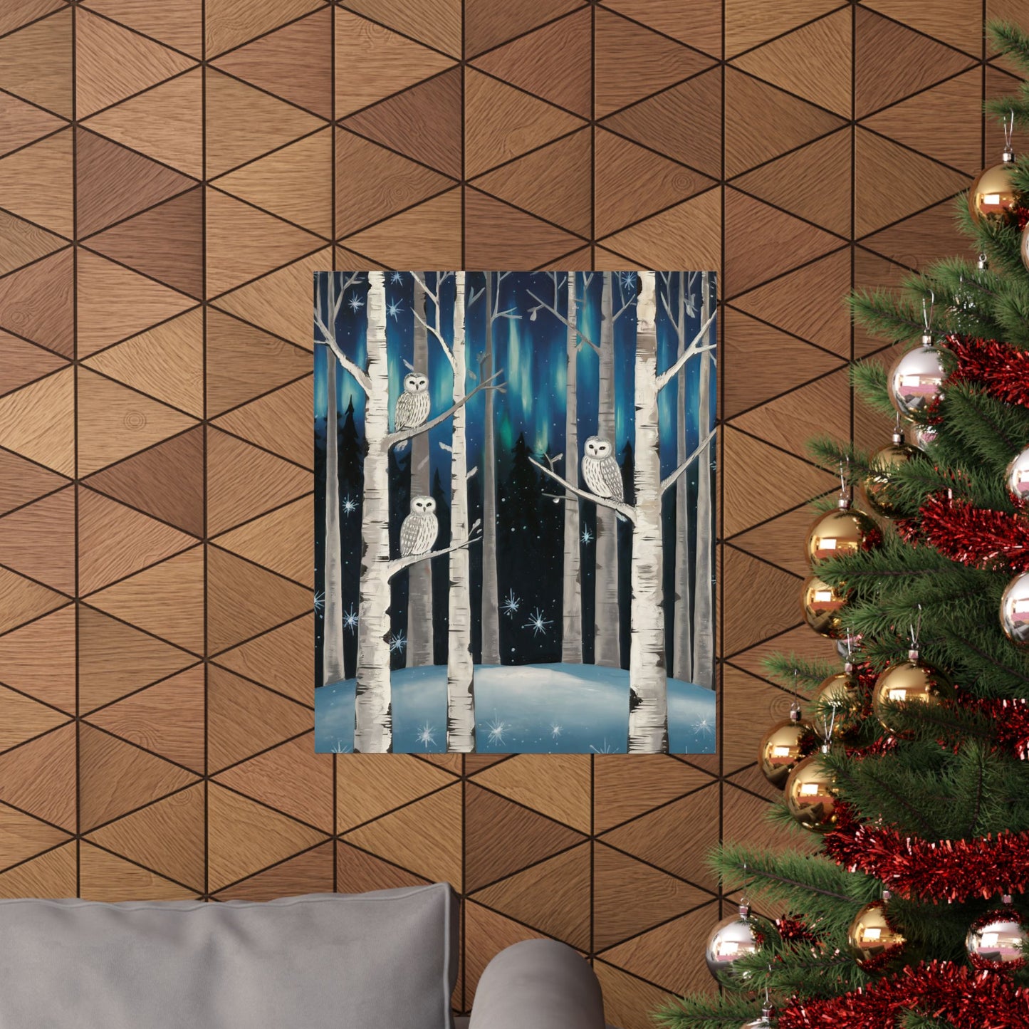 Folk Art Snow Owls At Night Poster