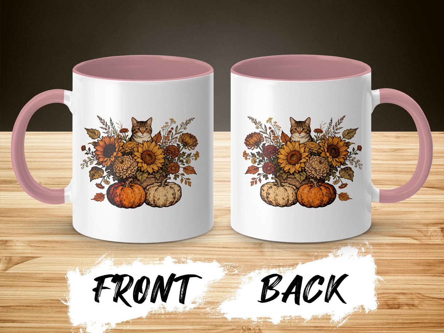 Autumn Cat with Sunflowers Pink Handle Mug product