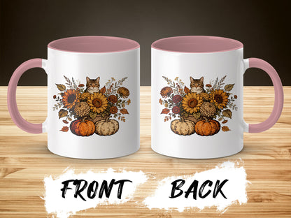 Autumn Cat with Sunflowers Pink Handle Mug product