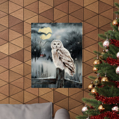 Snow Owl At Night On Post Poster