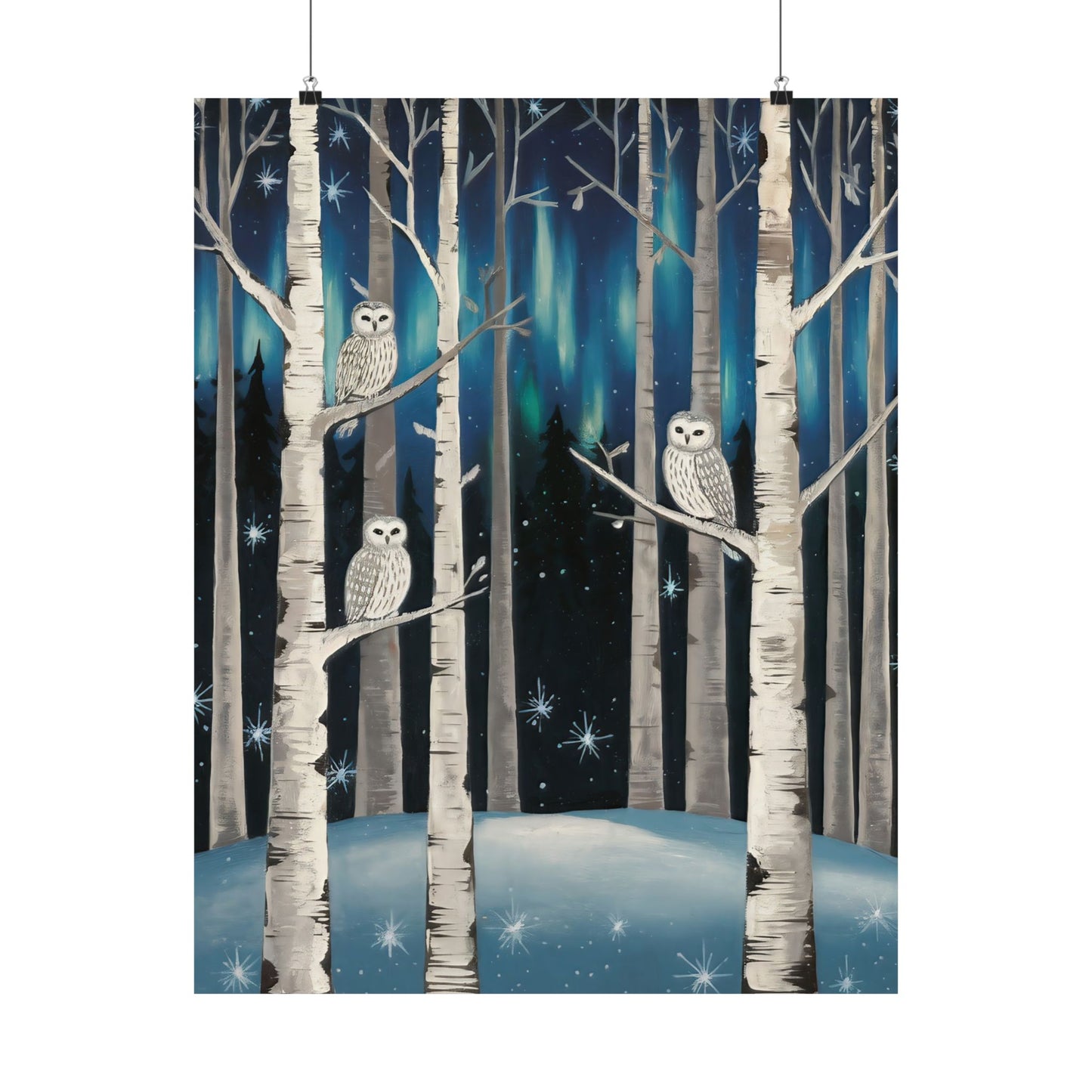 Folk Art Snow Owls At Night Poster
