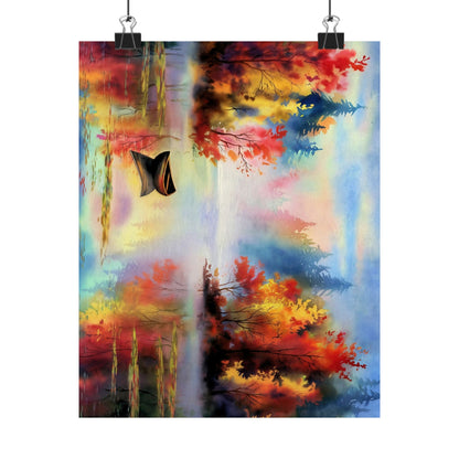 Small Boat On A Mountain Lake In The Fall Watercolor Poster