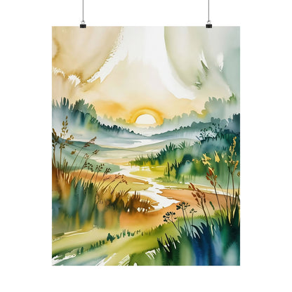 Morning Meadow Sunrise Watercolor Poster