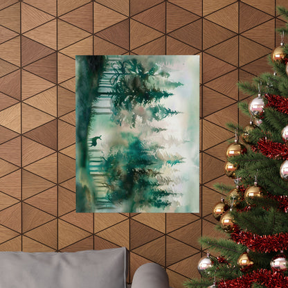 Pine Forest With Deer Watercolor Poster