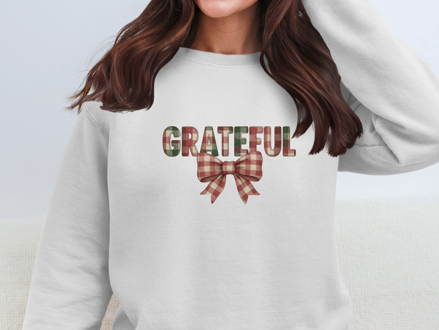 GRATEFUL Lettering with Plaid Bow Sweatshirt Product
