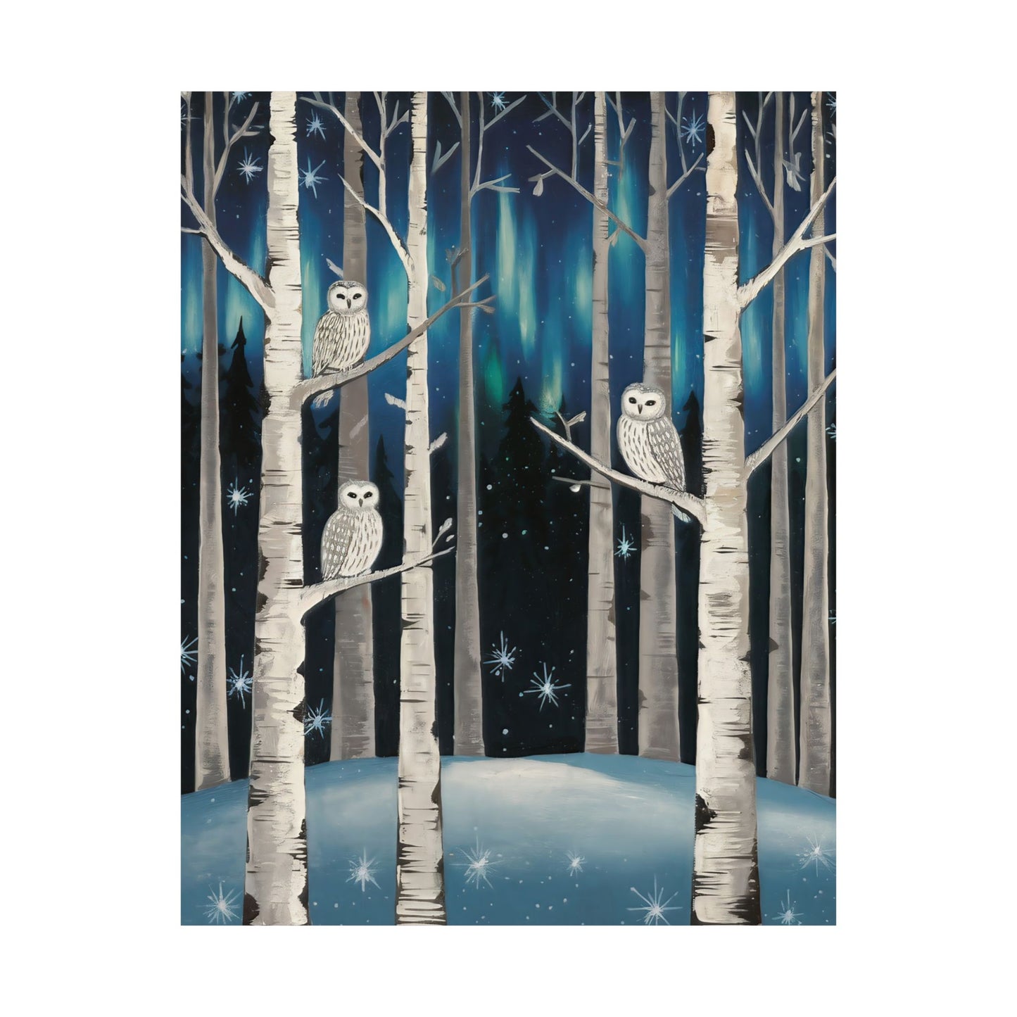 Folk Art Snow Owls At Night Poster
