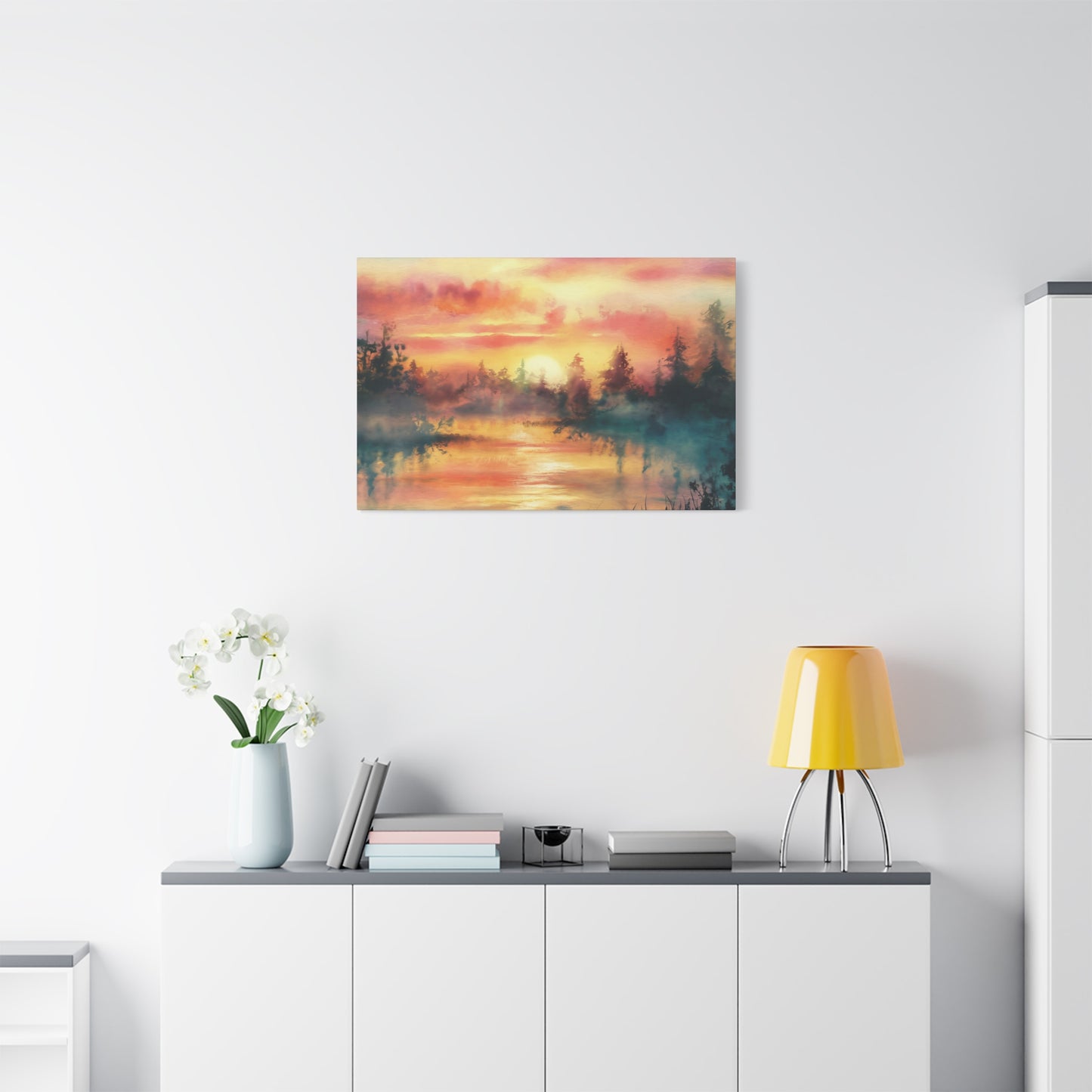 Dreamy Woodland Pond Sunset Watercolor Canvas Wall Art