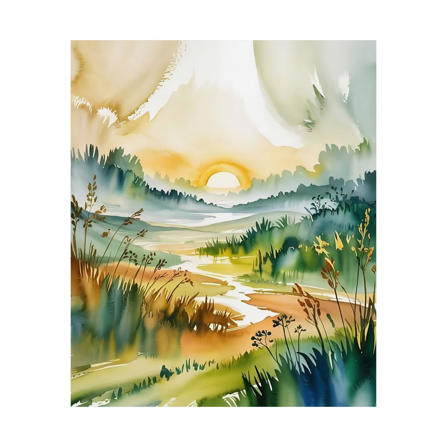 Morning Meadow Sunrise Watercolor Poster
