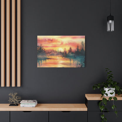 Dreamy Woodland Pond Sunset Watercolor Canvas Wall Art