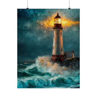 Lighthouse In Stormy Seas Poster
