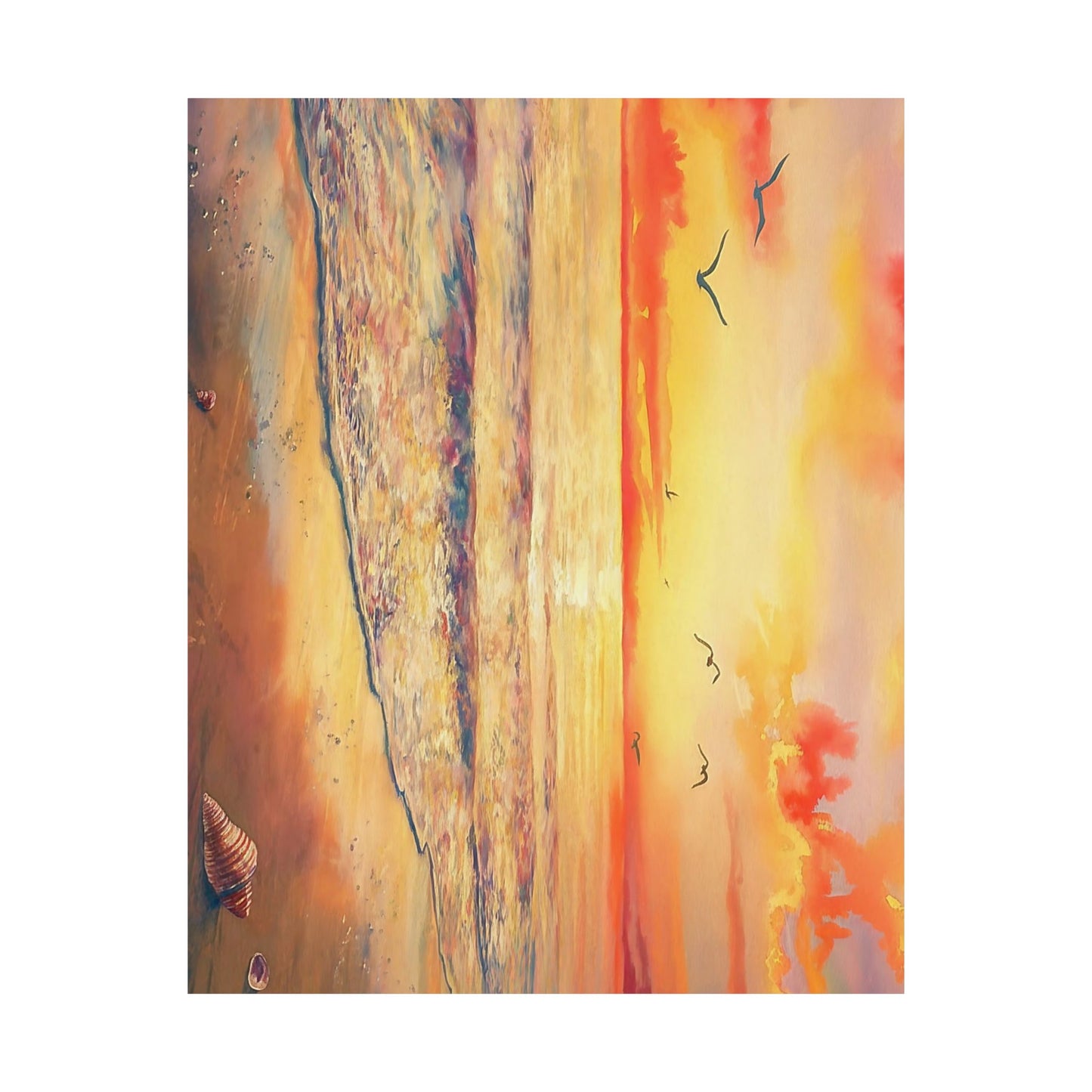 Ocean Sunset With Seagulls Watercolor Poster