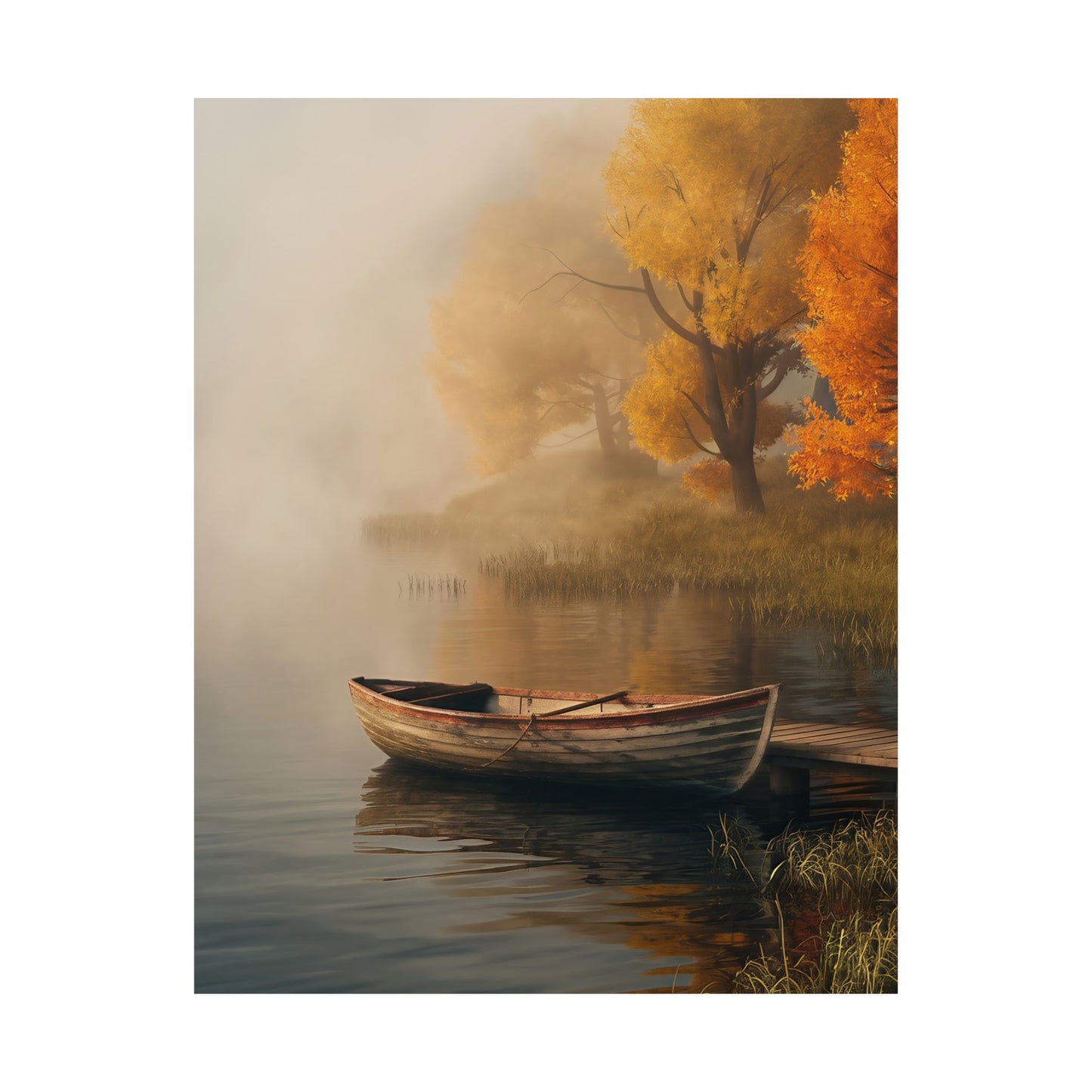 Wooden Boat On A Foggy Lake Poster