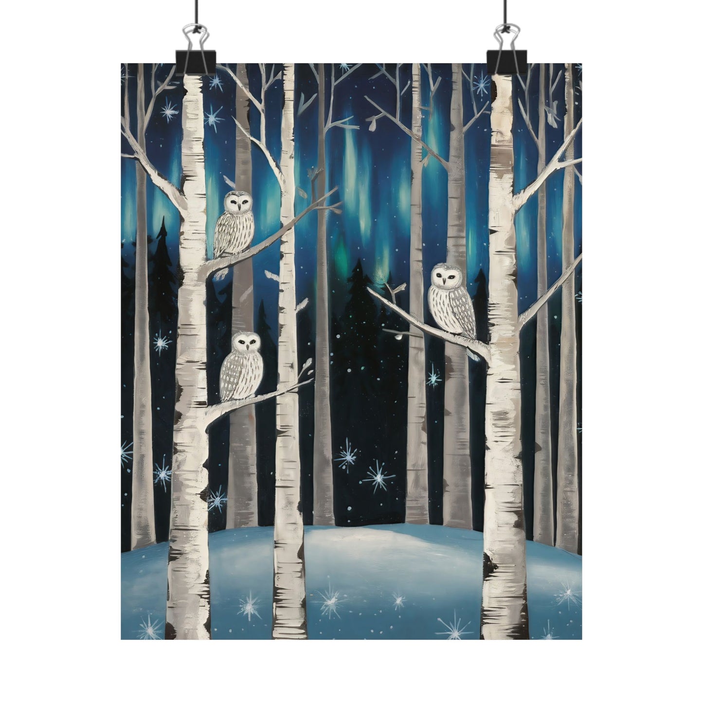 Folk Art Snow Owls At Night Poster