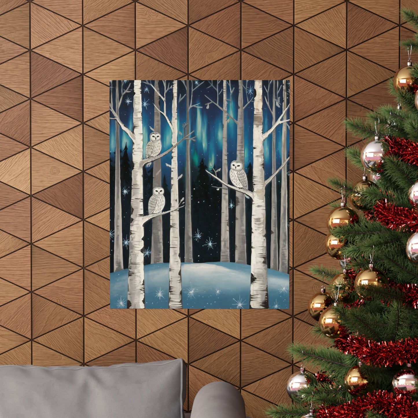 Folk Art Snow Owls At Night Poster
