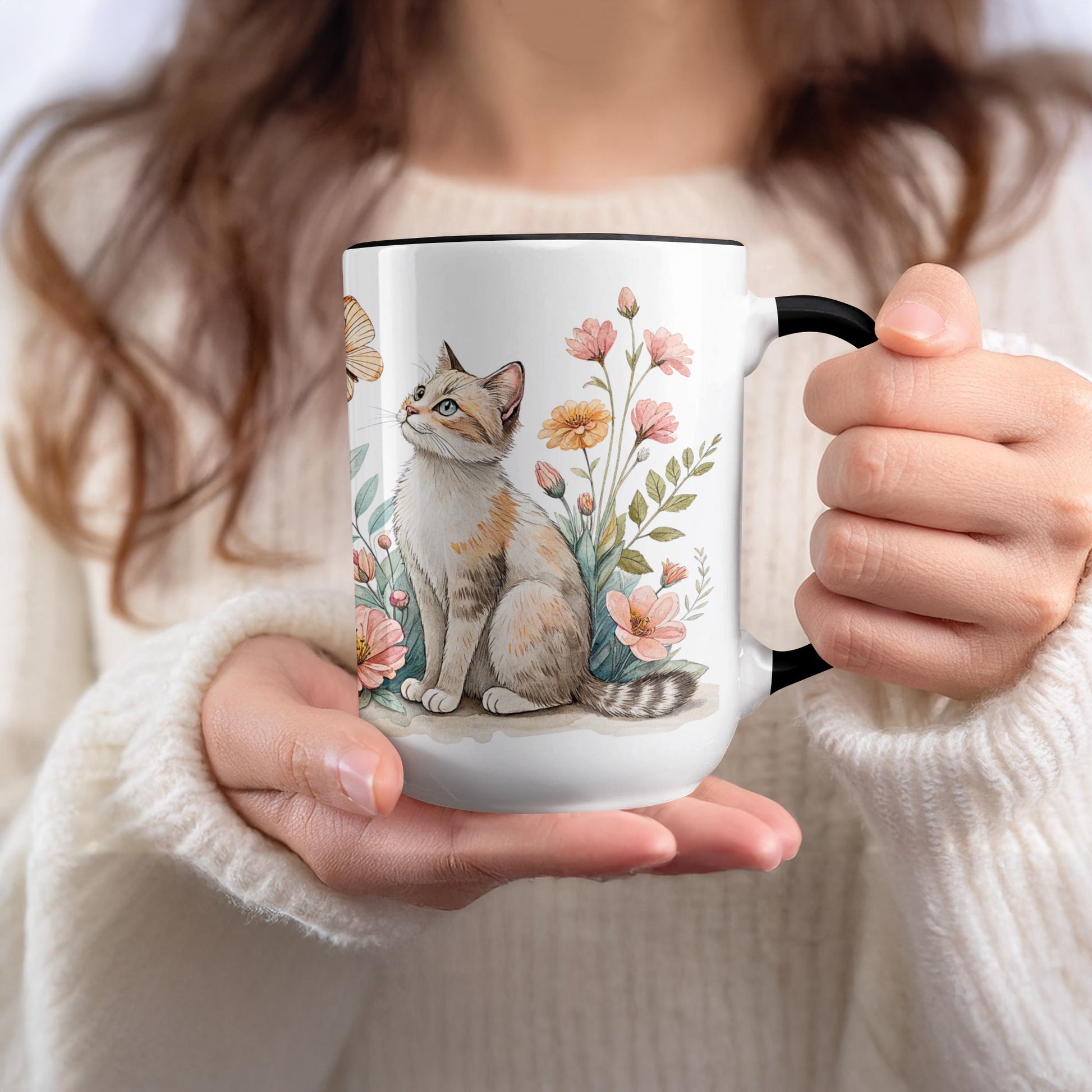 Beautiful Cat and Floral Print Perfect Coffee Mug