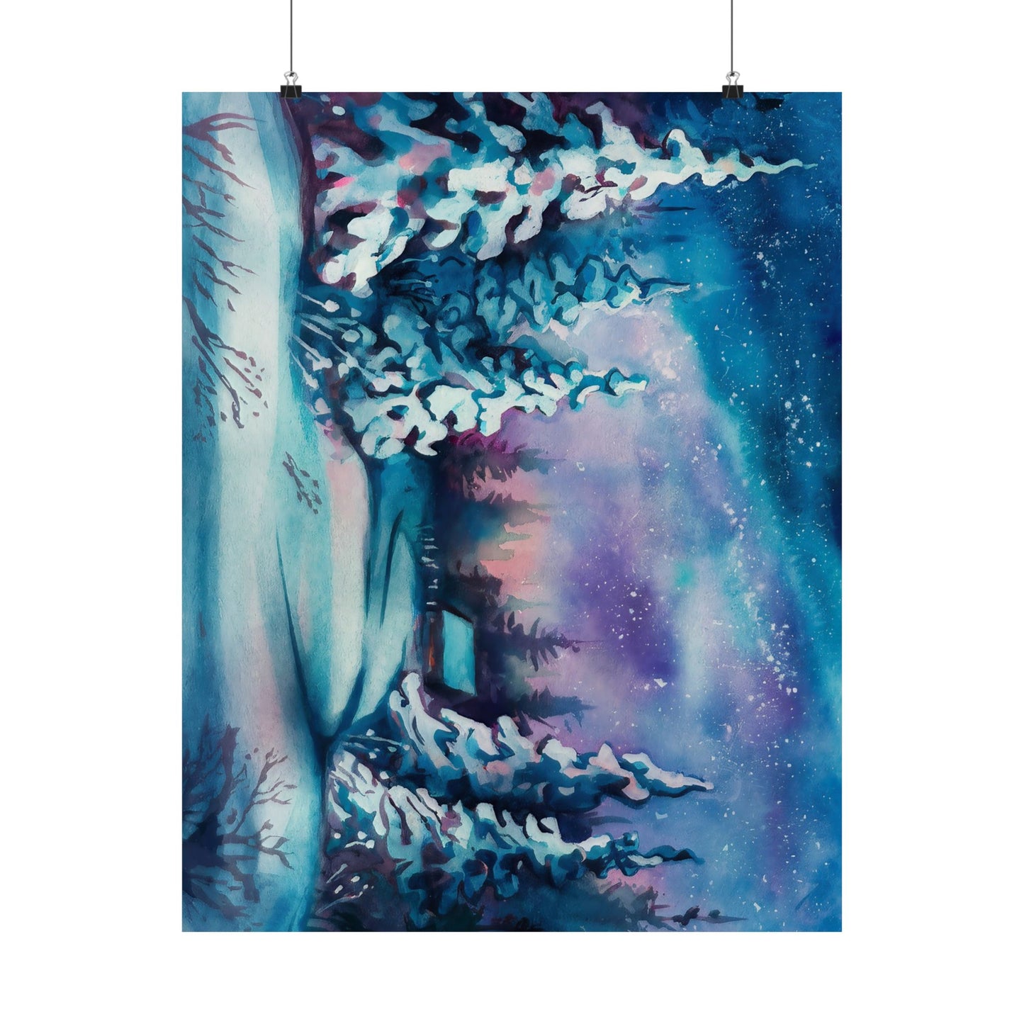 Winter Cabin Watercolor Poster