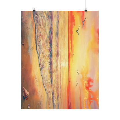 Ocean Sunset With Seagulls Watercolor Poster