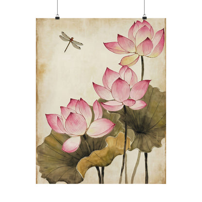 Pink Flowers With Dragonfly Poster