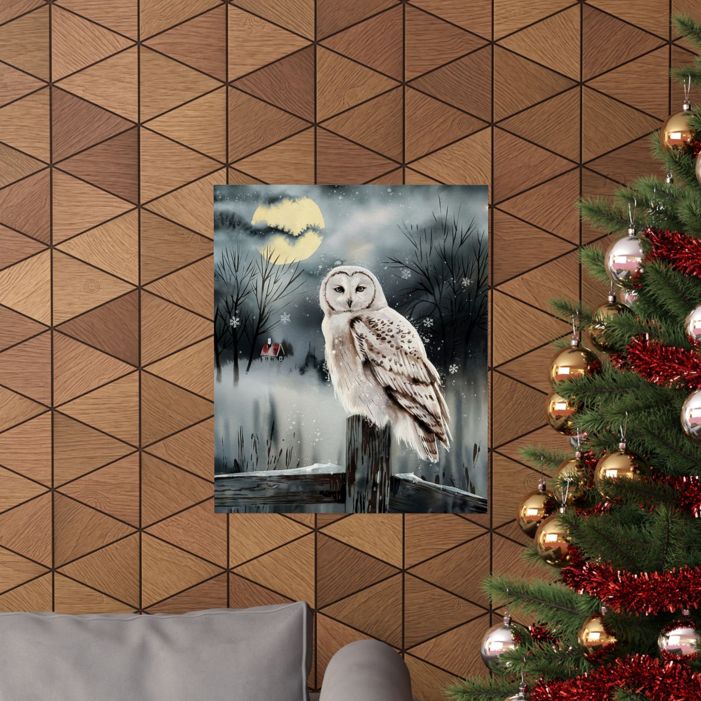 Snow Owl At Night On Post Poster
