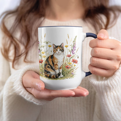 Adorable Cat in Field with Flowers Coffee Mug