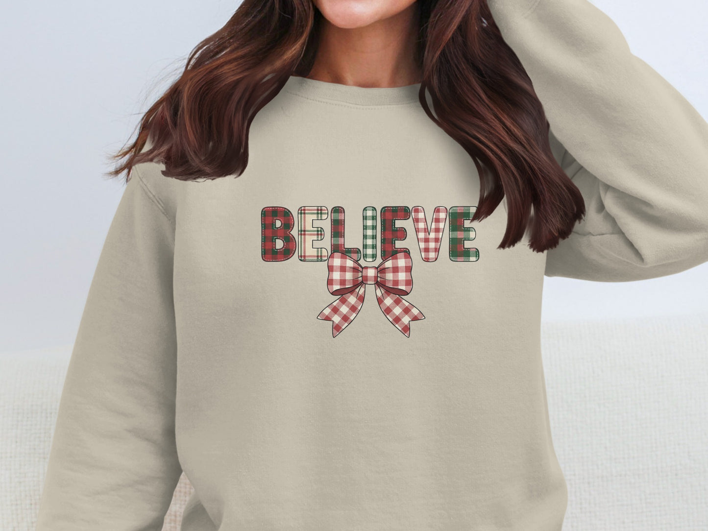 Festive Believe Plaid Bow Christmas Sweatshirt