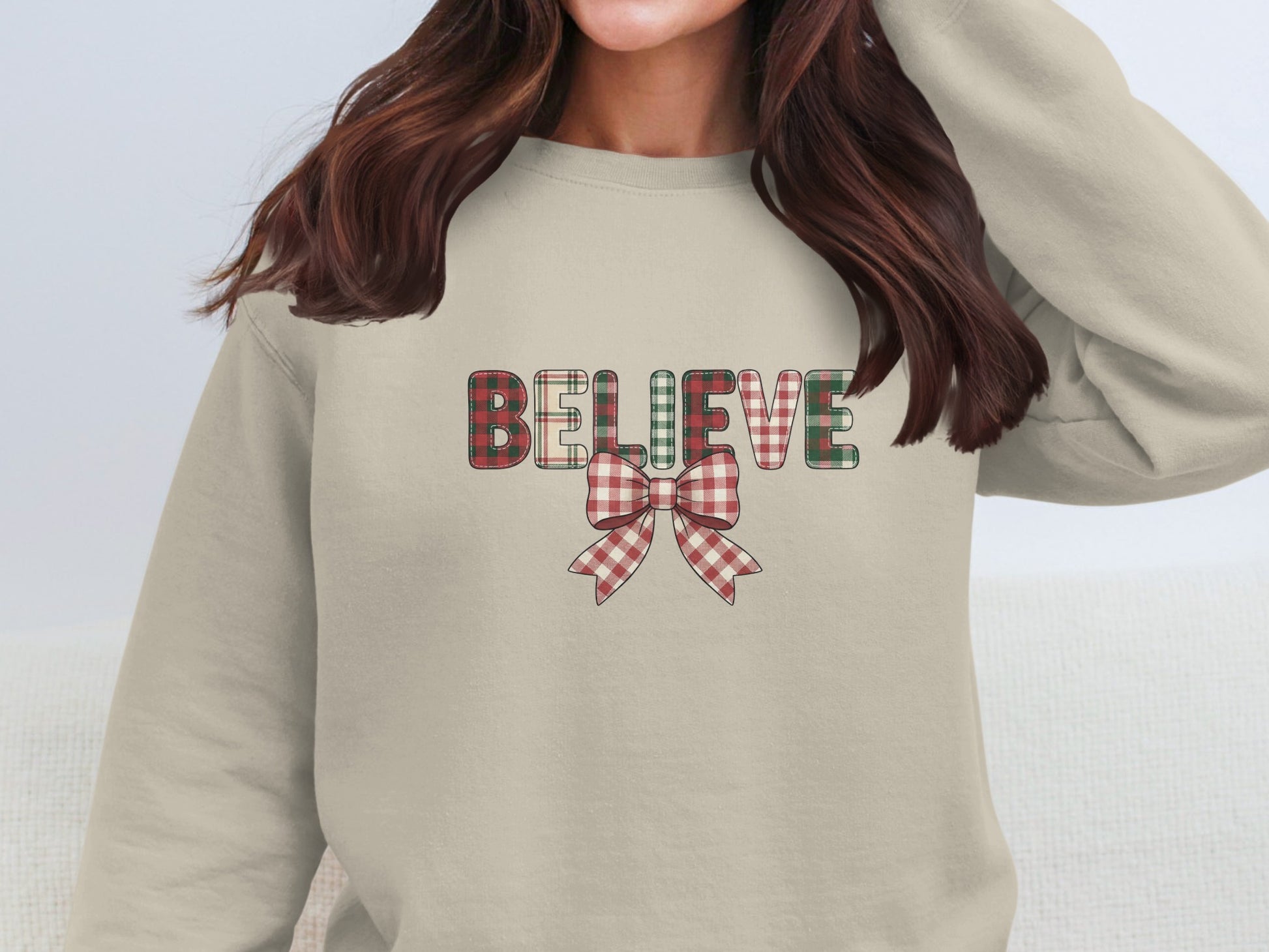 Festive Believe Plaid Bow Christmas Sweatshirt