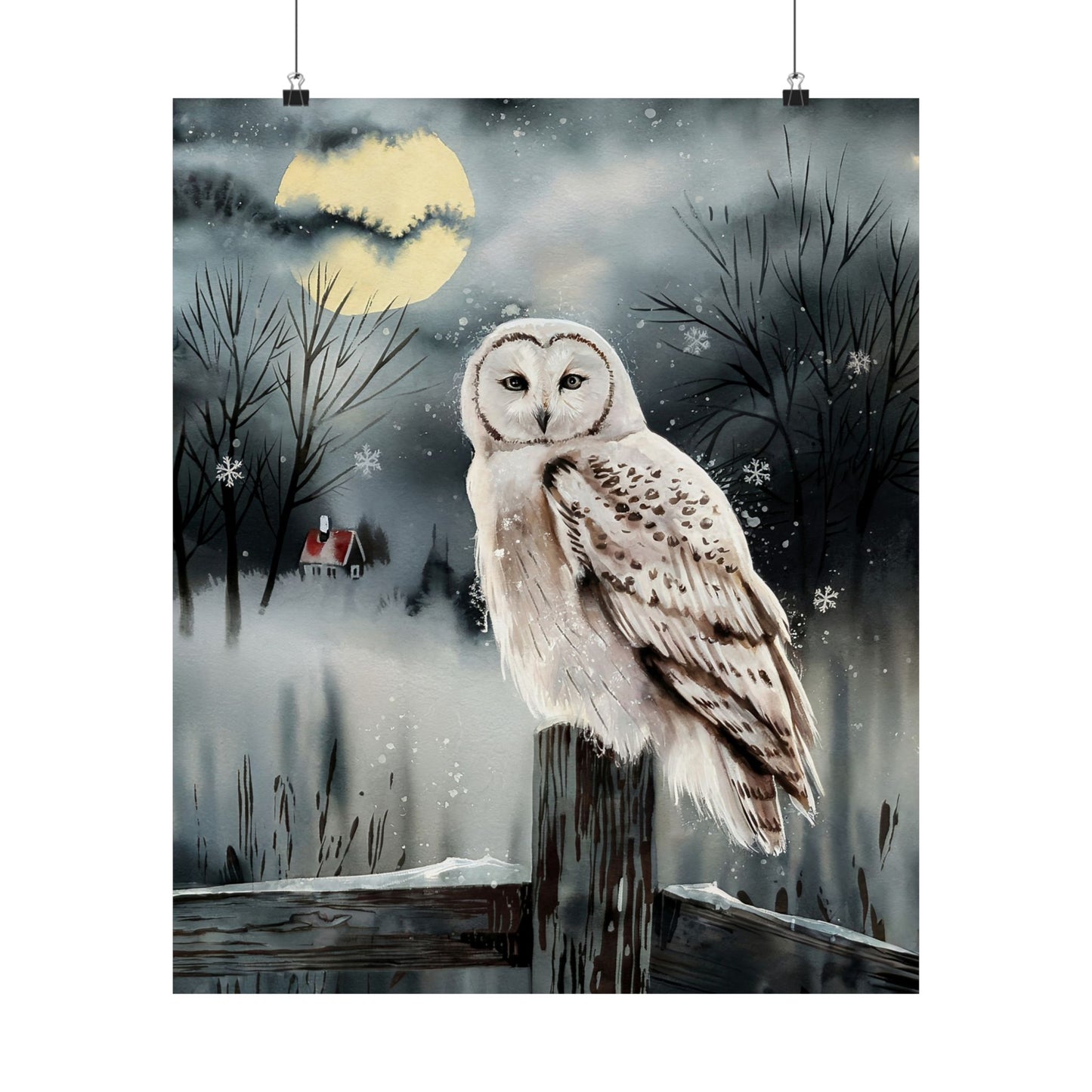 Snow Owl At Night On Post Poster