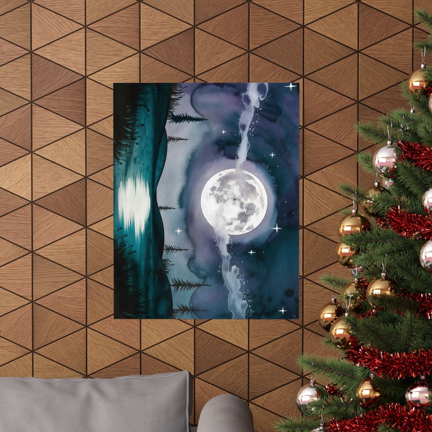 Silver Full Moon Over Lake Poster