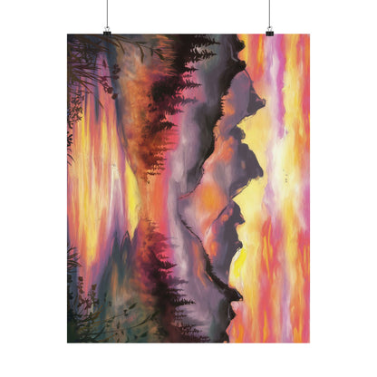 Dreamy Mountain Woodland Sunset Watercolor Poster