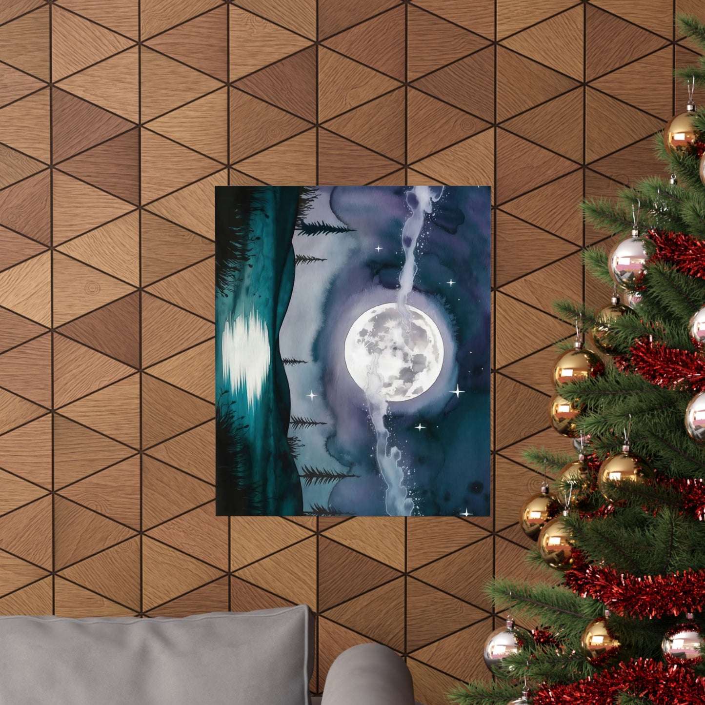Silver Full Moon Over Lake Poster