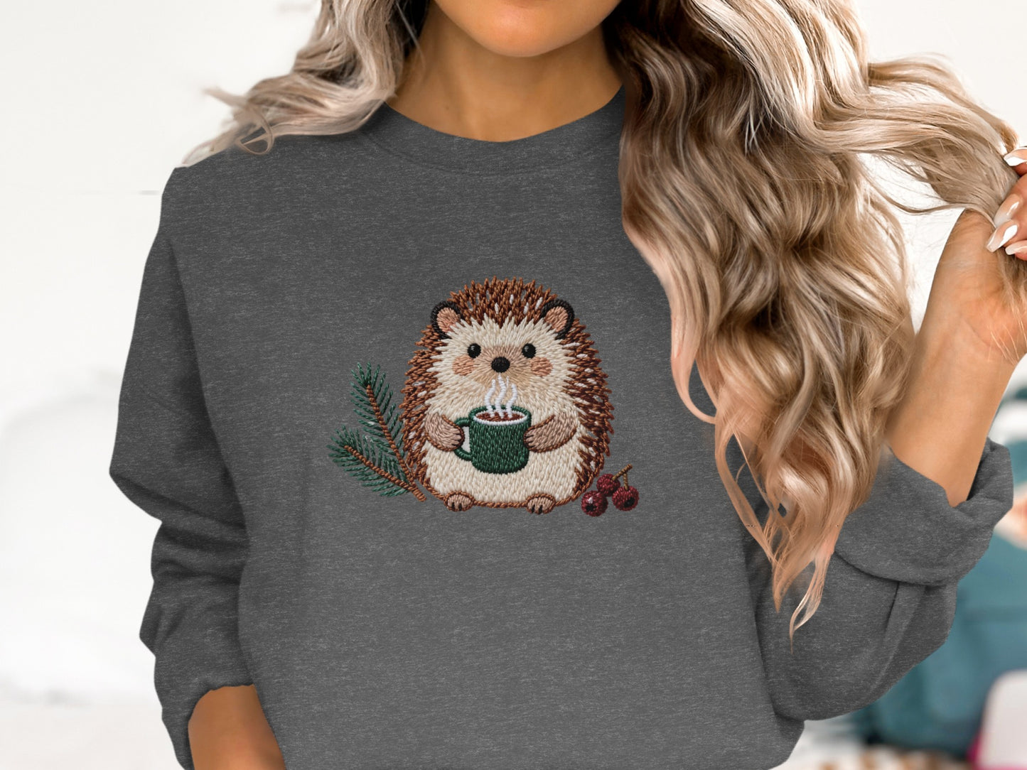 Cute Hedgehog Drinking Coffee Embroidered Sweatshirt
