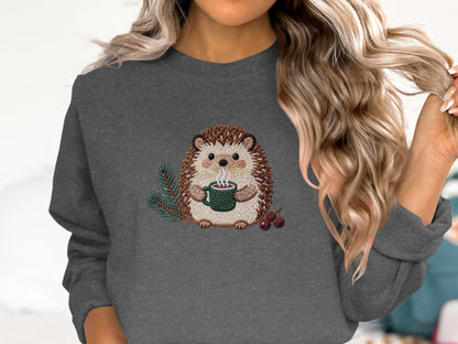 Cute Hedgehog Drinking Coffee Embroidered Sweatshirt