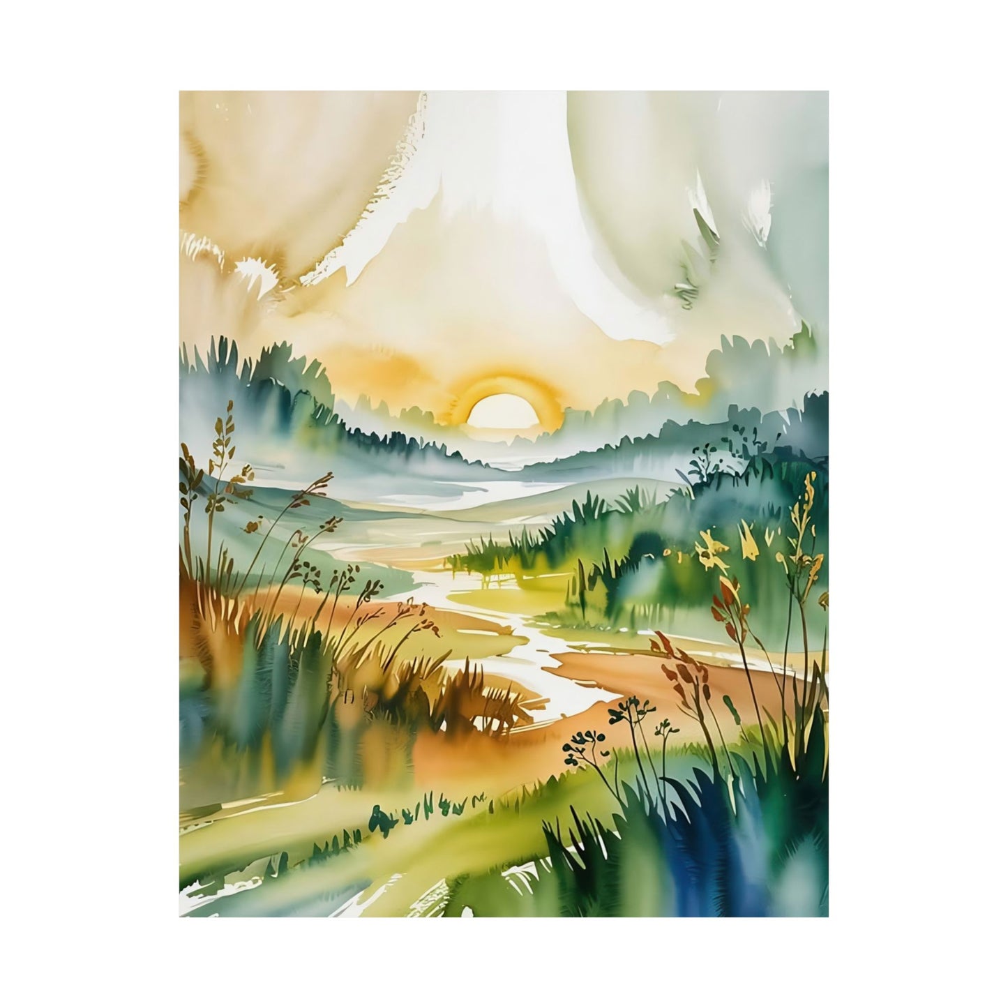 Morning Meadow Sunrise Watercolor Poster