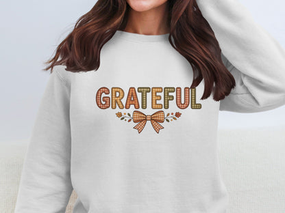 Grateful Shirt with Autumn Leaves and Bow Design