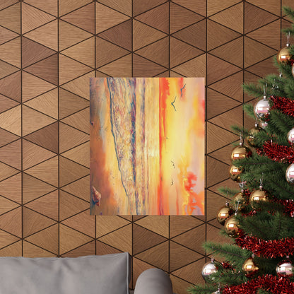 Ocean Sunset With Seagulls Watercolor Poster