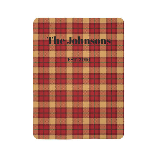 Custom Family Name Plaid Sherpa Blanket - Red & Tan Buffalo Check