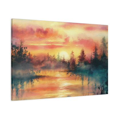 Dreamy Woodland Pond Sunset Watercolor Canvas Wall Art