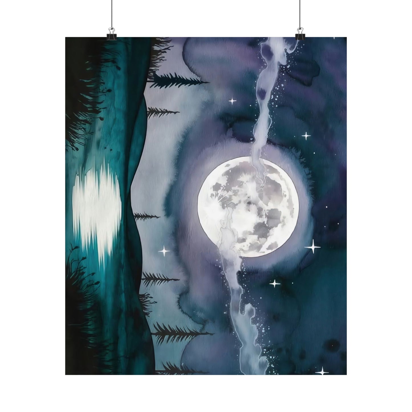 Silver Full Moon Over Lake Poster
