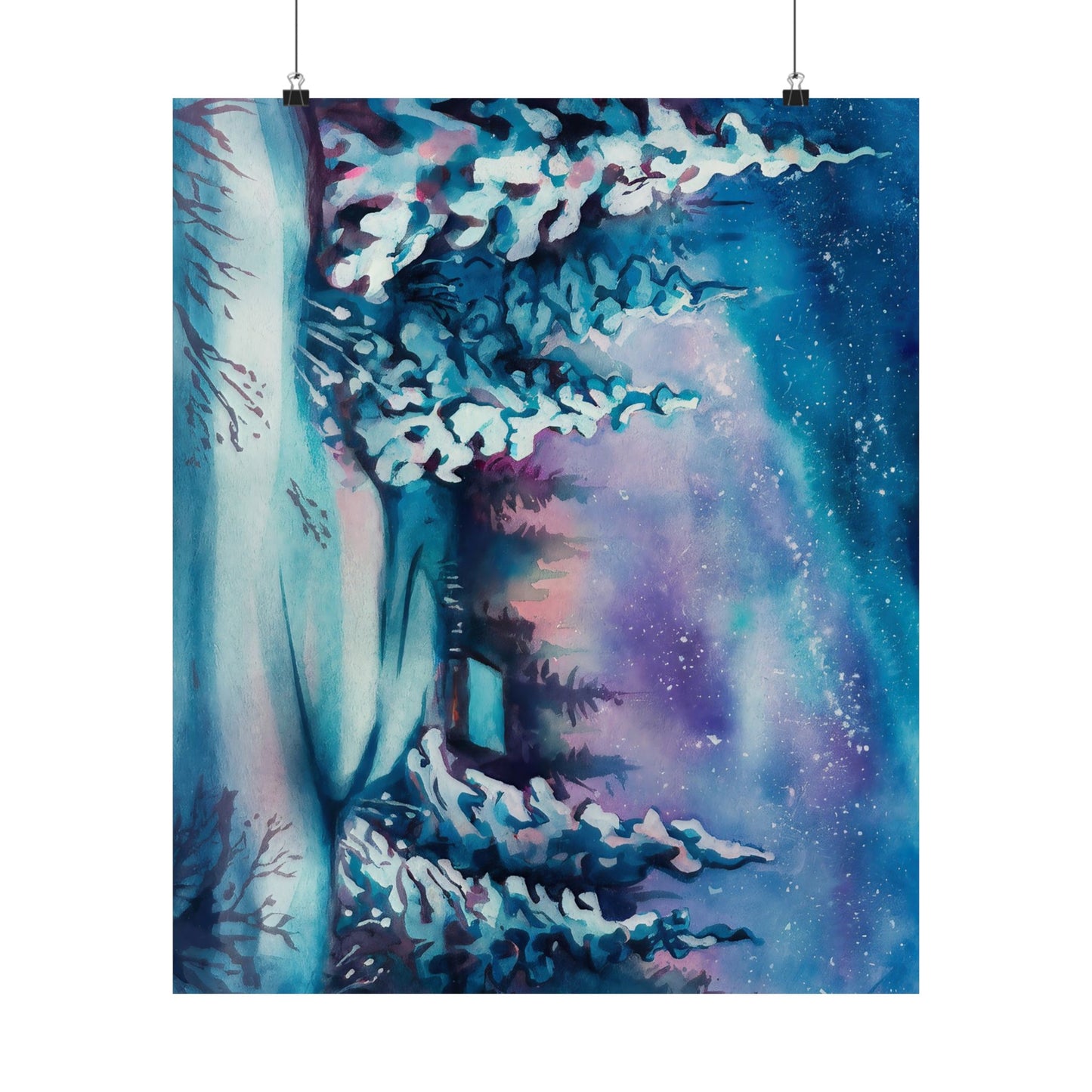 Winter Cabin Watercolor Poster