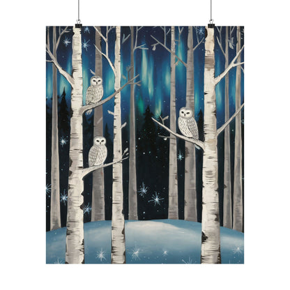 Folk Art Snow Owls At Night Poster