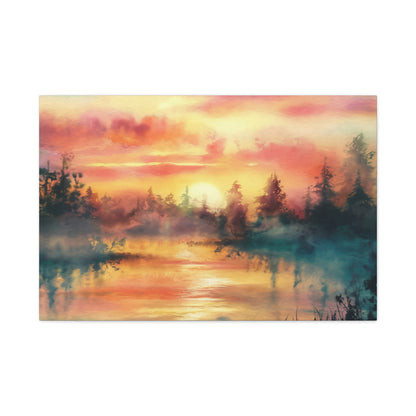 Dreamy Woodland Pond Sunset Watercolor Canvas Wall Art