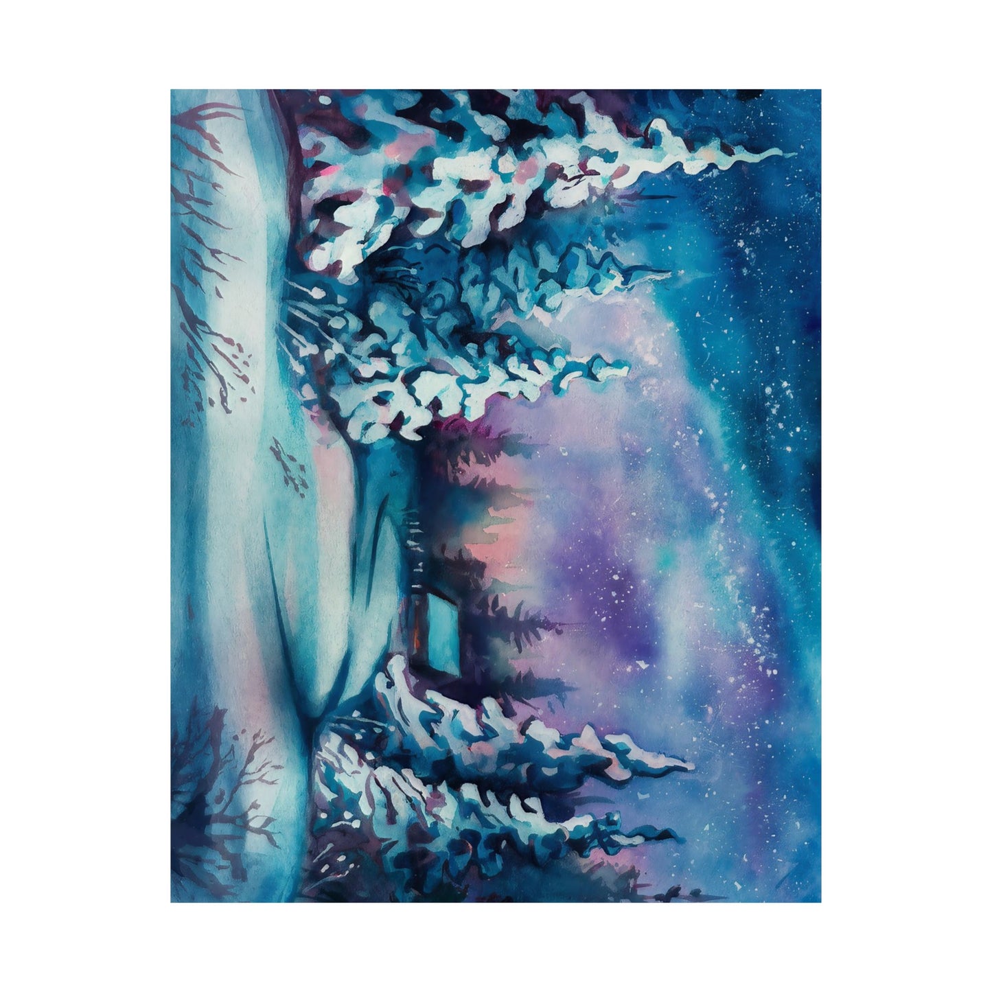 Winter Cabin Watercolor Poster