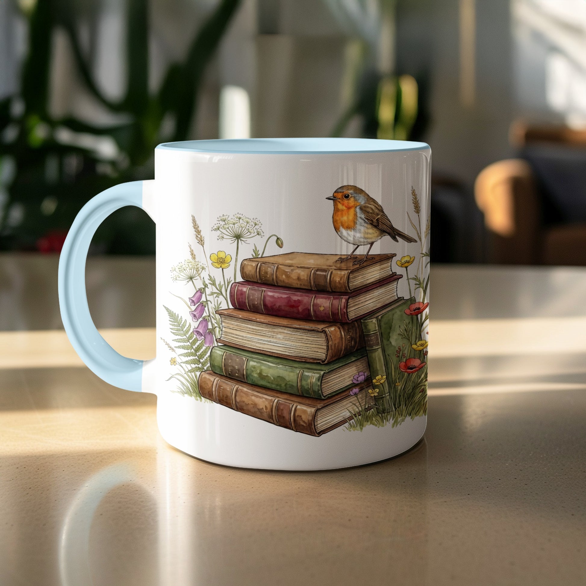 Decorative mug with bird and stack of books design